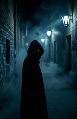 A mysterious figure observing from the shadows, cloaked in dark fabric, with only their eyes visible, glinting in the dim light