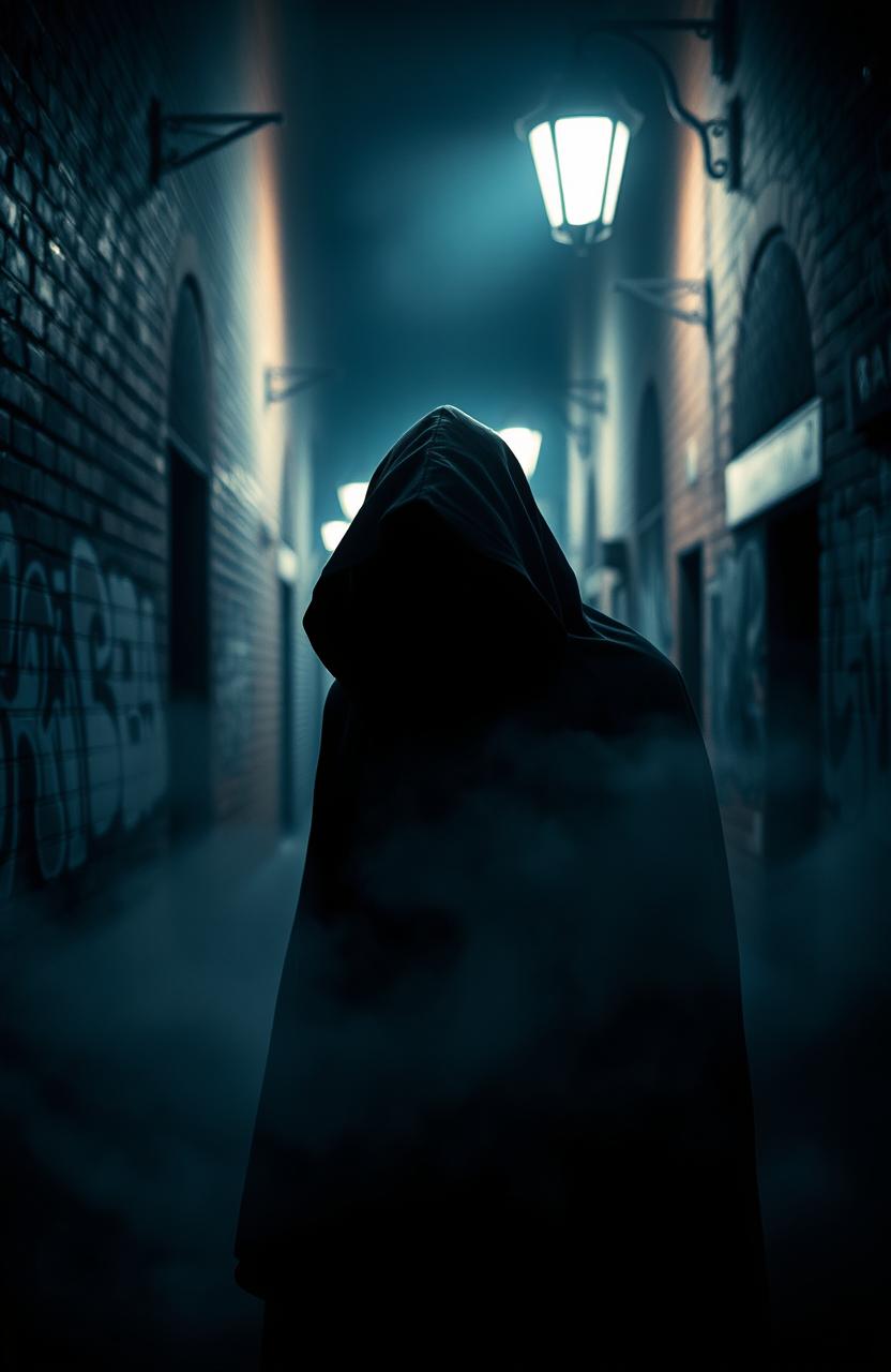 A mysterious figure observing from the shadows, cloaked in dark fabric, with only their eyes visible, glinting in the dim light