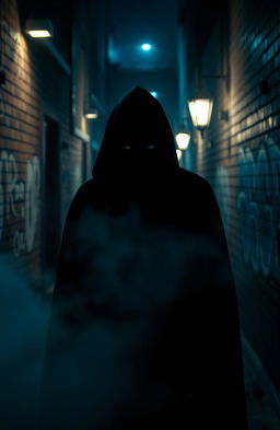 A mysterious figure observing from the shadows, cloaked in dark fabric, with only their eyes visible, glinting in the dim light