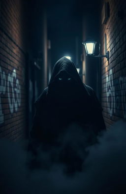 A mysterious figure observing from the shadows, cloaked in dark fabric, with only their eyes visible, glinting in the dim light