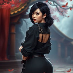 A striking full-body image of an Asian toned female guild representative, showcasing her silky black hair styled short and chic
