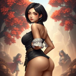 A striking full-body image of an Asian toned female guild representative, showcasing her silky black hair styled short and chic