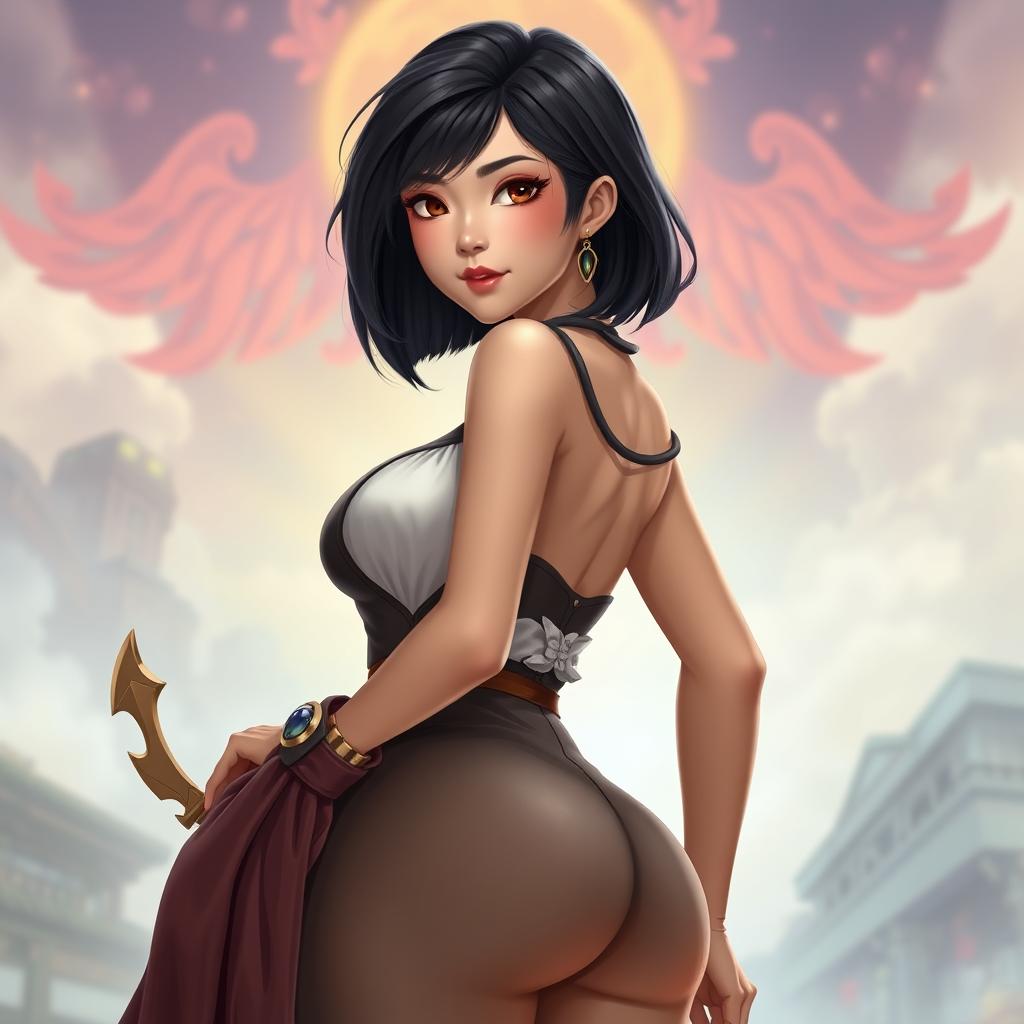 A striking full-body image of an Asian toned female guild representative, showcasing her silky black hair styled short and chic