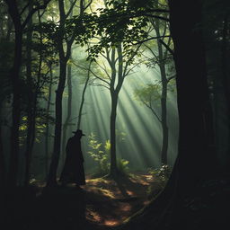 A beautiful yet dark forest scene with dense trees and foliage, featuring two distinct black shadows lurking among the trees