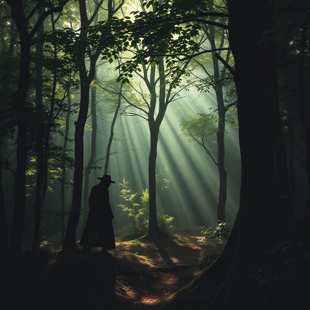 A beautiful yet dark forest scene with dense trees and foliage, featuring two distinct black shadows lurking among the trees