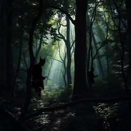 A beautiful yet dark forest scene with dense trees and foliage, featuring two distinct black shadows lurking among the trees