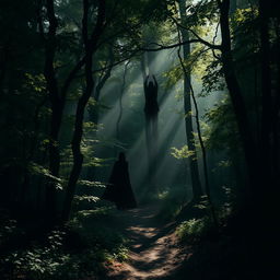 A beautiful yet dark forest scene with dense trees and foliage, featuring two distinct black shadows lurking among the trees