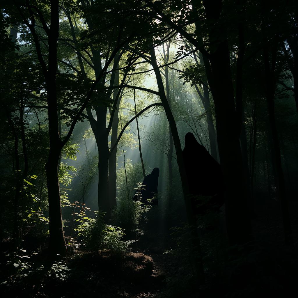 A beautiful yet dark forest scene with dense trees and foliage, featuring two distinct black shadows lurking among the trees