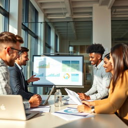 A dynamic business setting showcasing a diverse group of professionals engaged in a strategic meeting
