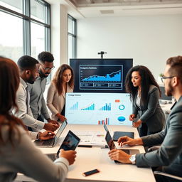 A dynamic business setting showcasing a diverse group of professionals engaged in a strategic meeting