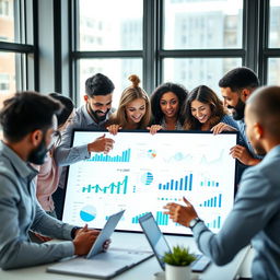 A dynamic business setting showcasing a diverse group of professionals engaged in a strategic meeting