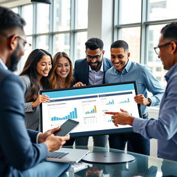 A dynamic business setting showcasing a diverse group of professionals engaged in a strategic meeting