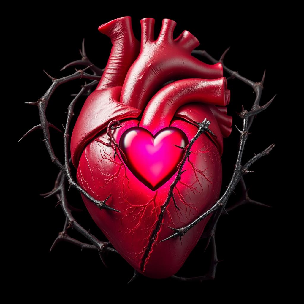 A human heart with a smaller heart enclosed inside it, surrounded by thorny vines