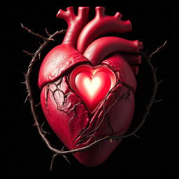 A human heart with a smaller heart enclosed inside it, surrounded by thorny vines