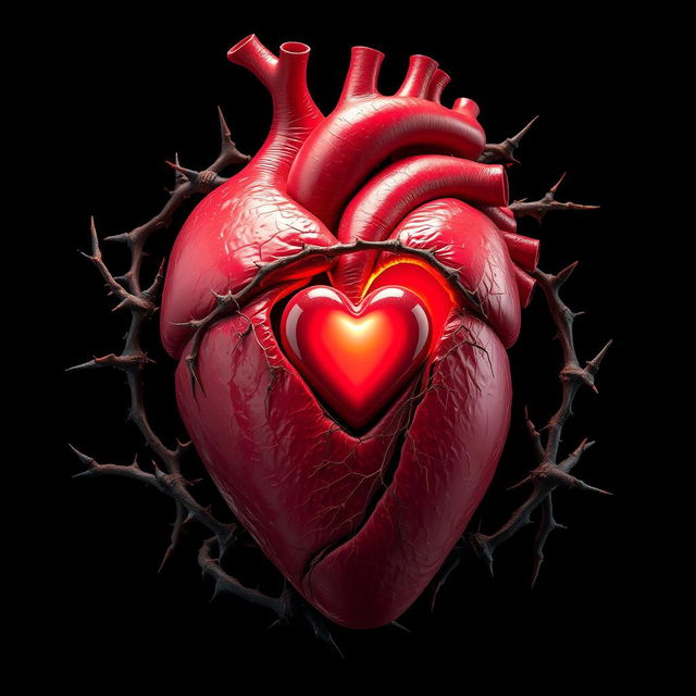 A human heart with a smaller heart enclosed inside it, surrounded by thorny vines