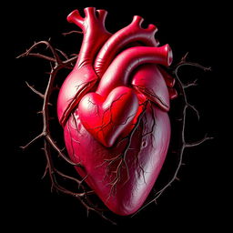 A human heart with a smaller heart enclosed inside it, surrounded by thorny vines