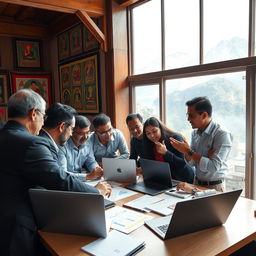 A vibrant business scene in Nepal showcasing a diverse group of professionals engaged in a strategic meeting