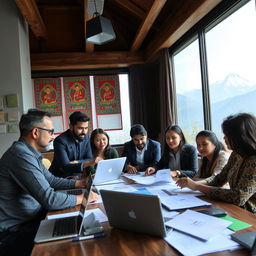 A vibrant business scene in Nepal showcasing a diverse group of professionals engaged in a strategic meeting