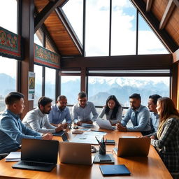 A vibrant business scene in Nepal showcasing a diverse group of professionals engaged in a strategic meeting