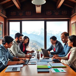 A vibrant business scene in Nepal showcasing a diverse group of professionals engaged in a strategic meeting