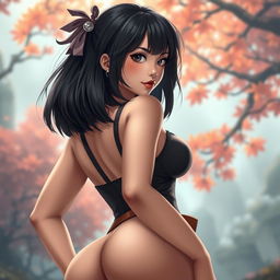 A captivating full-body image of an Asian toned female guild representative, featuring silky black hair styled short and fashionable