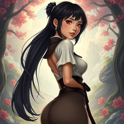 A captivating full-body image of an Asian toned female guild representative, featuring silky black hair styled short and fashionable