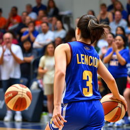 A young woman energetically playing basketball on an indoor court