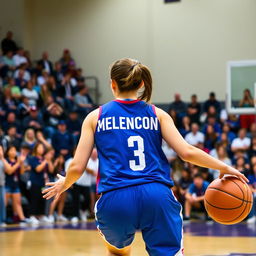 A young woman energetically playing basketball on an indoor court