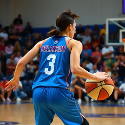 A young woman energetically playing basketball on an indoor court