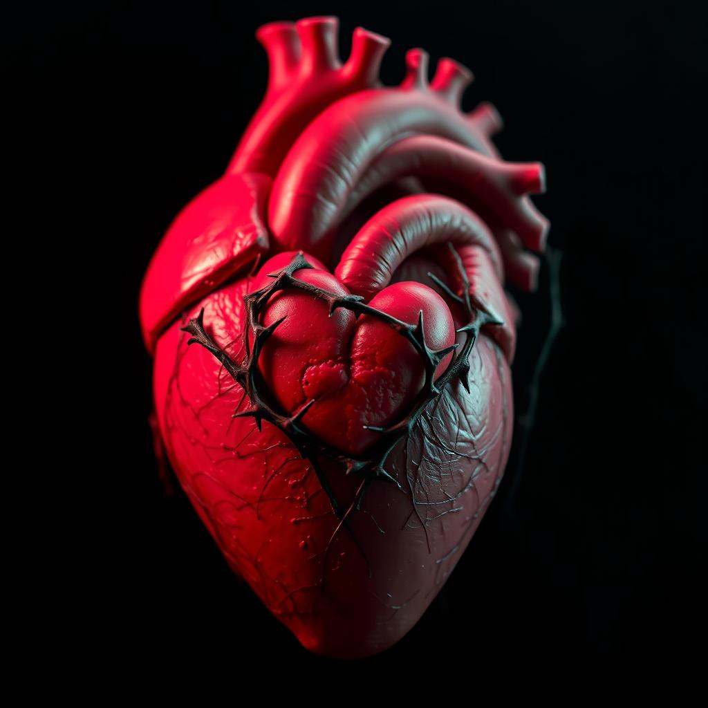 A human heart with a smaller heart encased inside it, wrapped in thorny vines