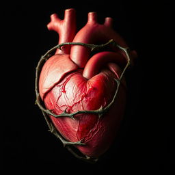 A human heart with a smaller heart encased inside it, wrapped in thorny vines
