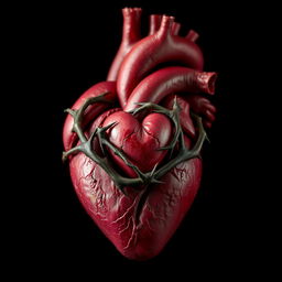 A human heart with a smaller heart encased inside it, wrapped in thorny vines