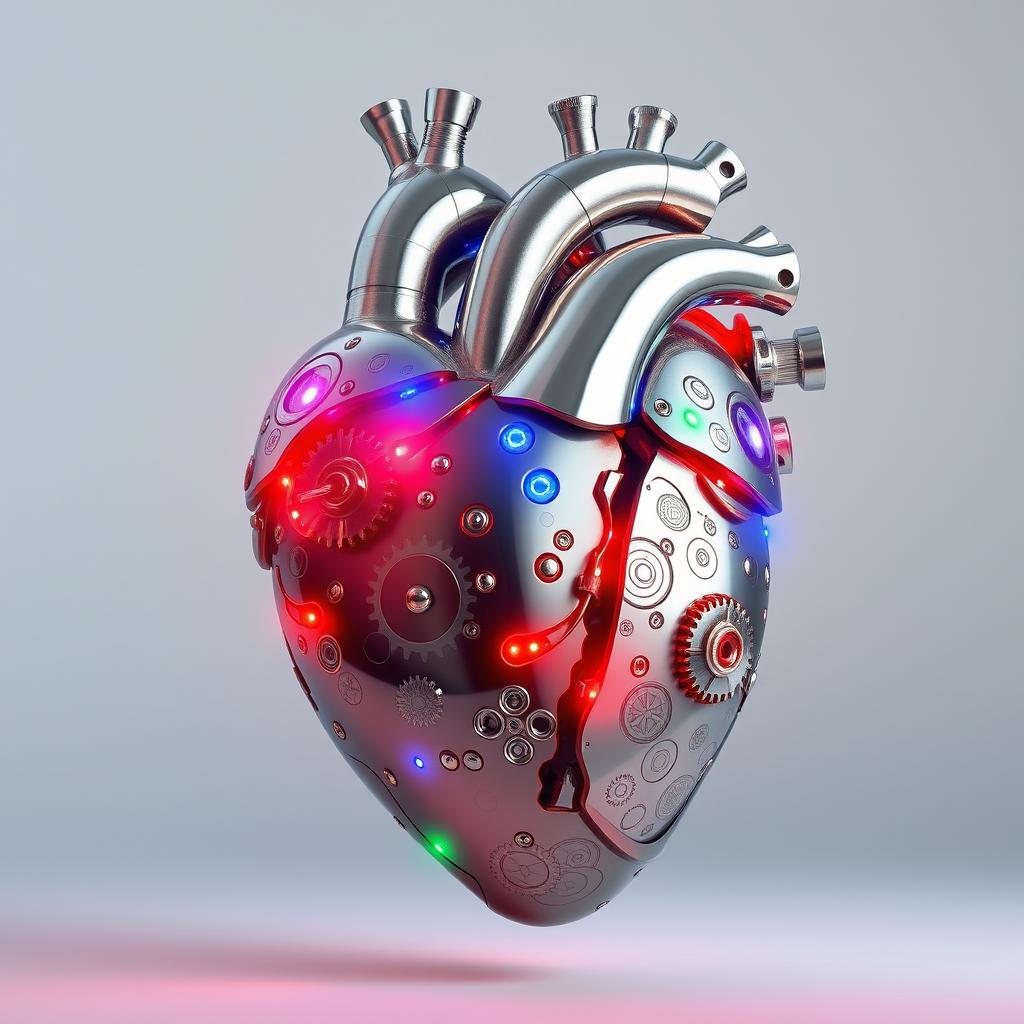 A metallic human heart, artistically designed to showcase creativity and innovation