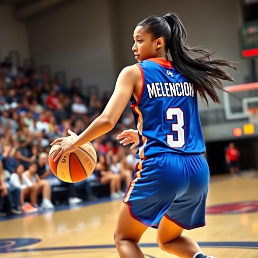 A young woman playing basketball on an indoor court, showcasing her dynamic movement and athleticism