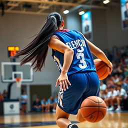 A young woman playing basketball on an indoor court, showcasing her dynamic movement and athleticism