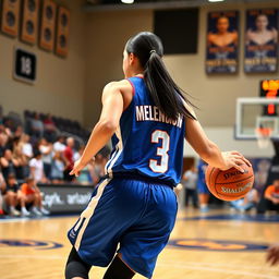 A young woman playing basketball on an indoor court, showcasing her dynamic movement and athleticism