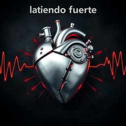 A metallic human heart designed to visually represent the phrase "latiendo fuerte" (beating strong)