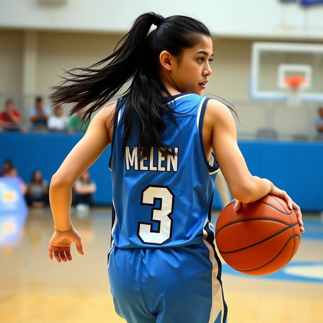 A young woman playing basketball in a lively indoor court