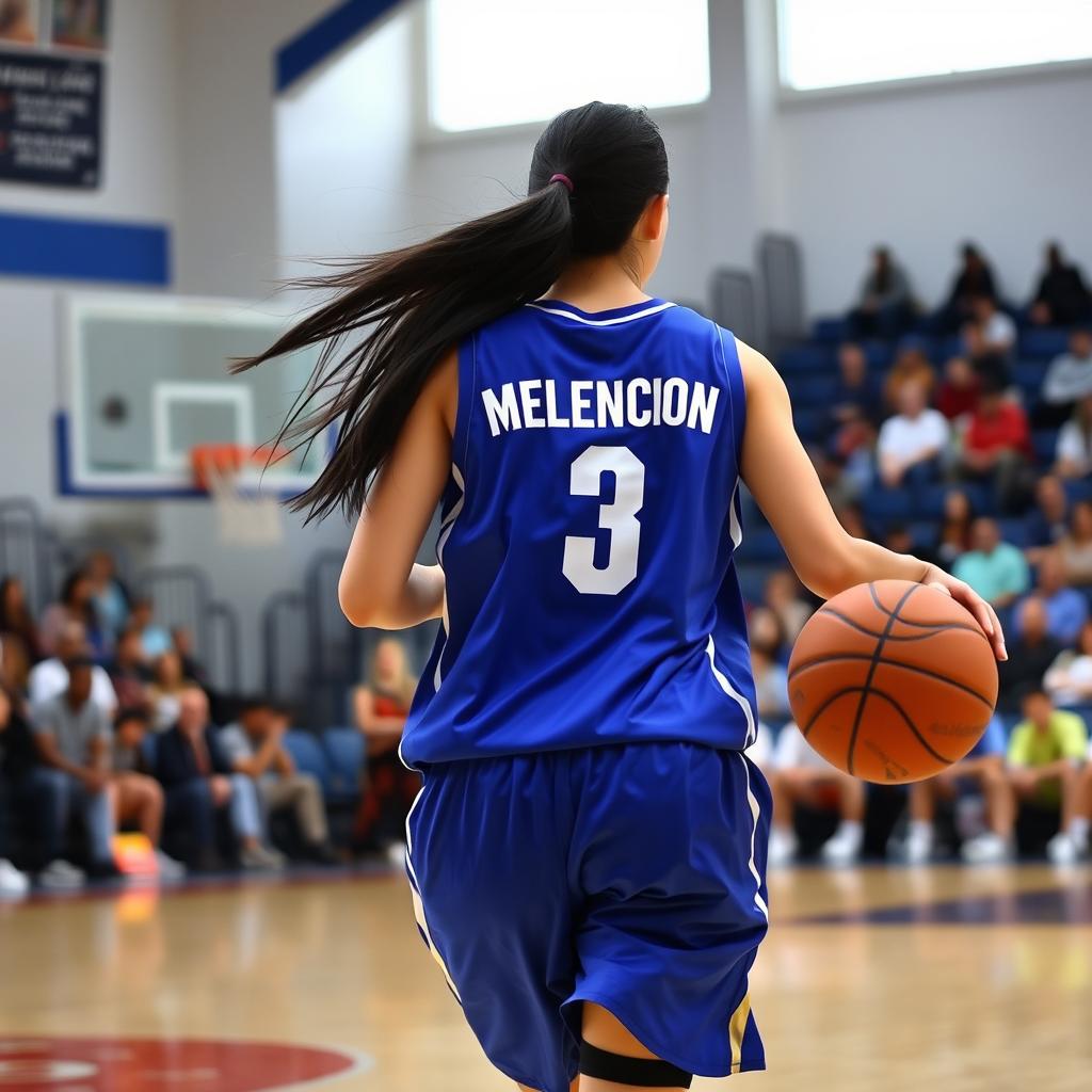 A young woman playing basketball in a lively indoor court