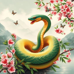 An enchanting Chinese snake coiled elegantly among lush bamboo and vibrant cherry blossoms