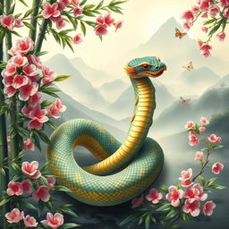 An enchanting Chinese snake coiled elegantly among lush bamboo and vibrant cherry blossoms