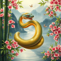 An enchanting Chinese snake coiled elegantly among lush bamboo and vibrant cherry blossoms