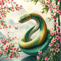 An enchanting Chinese snake coiled elegantly among lush bamboo and vibrant cherry blossoms