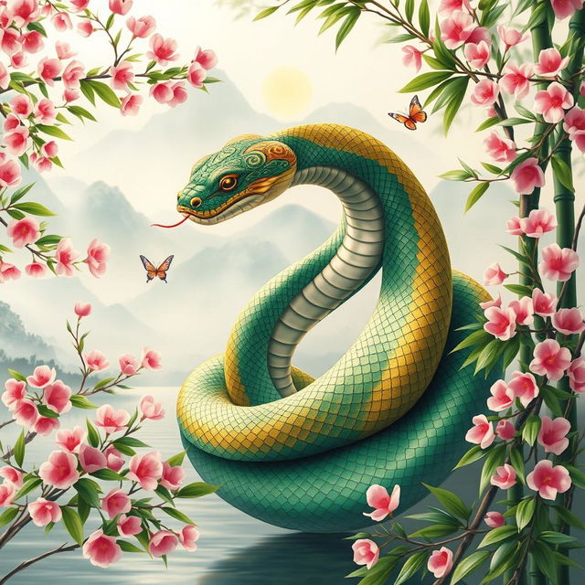 An enchanting Chinese snake coiled elegantly among lush bamboo and vibrant cherry blossoms