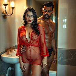 A full-length intimate photo shoot featuring a stunning 22-year-old Arab woman in a transparent red wet shirt that highlights her sexy boobs, hot navel, and seductive thighs