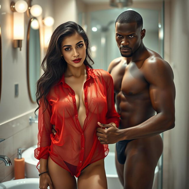 A full-length intimate photo shoot featuring a stunning 22-year-old Arab woman in a transparent red wet shirt that highlights her sexy boobs, hot navel, and seductive thighs