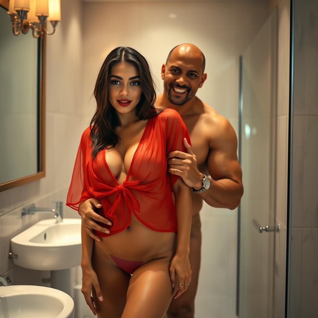 A full-length intimate photo shoot featuring a stunning 22-year-old Arab woman in a transparent red wet shirt that highlights her sexy boobs, hot navel, and seductive thighs