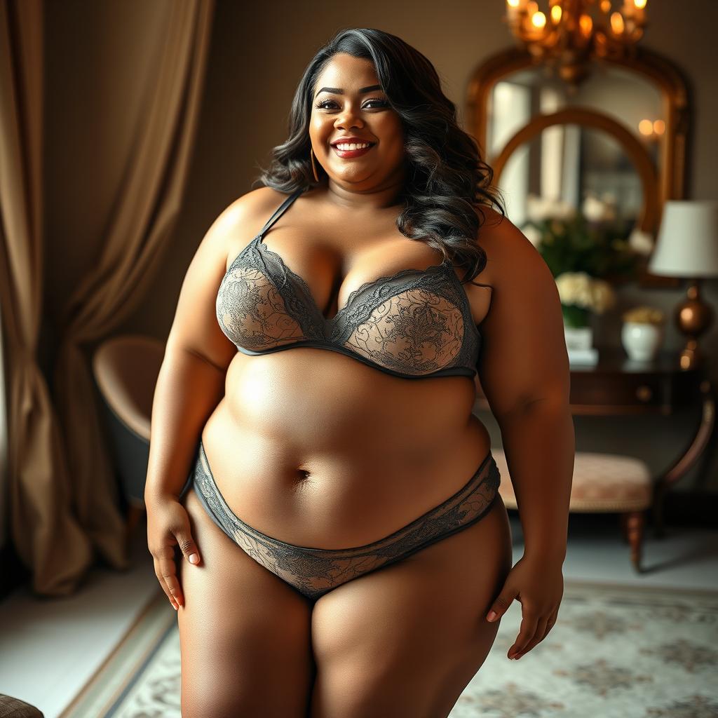 A confident plus-size woman posing in elegant lingerie, embodying body positivity and self-love