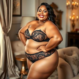 A confident plus-size woman posing in elegant lingerie, embodying body positivity and self-love