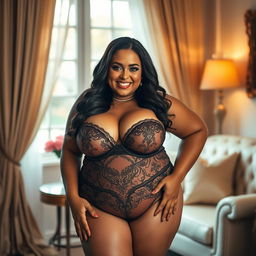 A confident plus-size woman posing in elegant lingerie, embodying body positivity and self-love